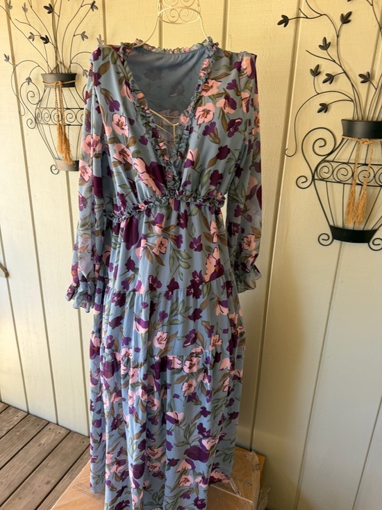 unbranded Dresses & Skirts - Floral V-Neck Long Sleeve Maxi Dress - Blue with Pink & Purple Flowers XXL